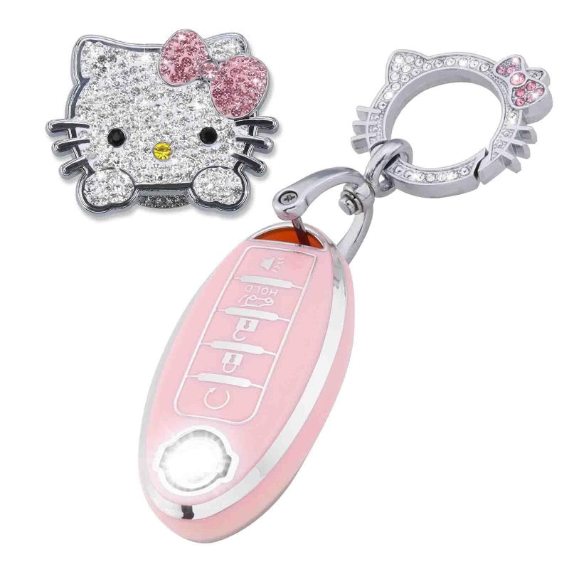 Pangpai Pink Car Accessories 3 Pcs for 5 Buttons Nissan Key Fob Cover with Bling Keychain Cute Push to Start Button Cover - Image 1